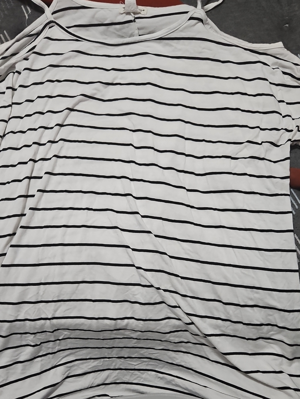 White & Black Striped Women's Shirt - Casual, Cold Shoulder.
